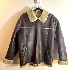 ESTILO Sz L Shearling Lined Brown Green Sheepskin Leather Jacket Made in Korea